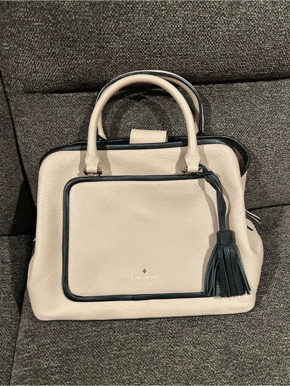 kate spade Cream Leather Satchel with Black Trim and Tassel